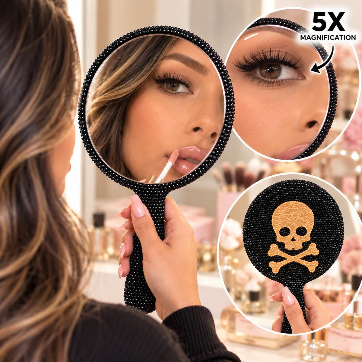 BLACK BLING GOLD SKULL 5X HANDHELD MIRROR