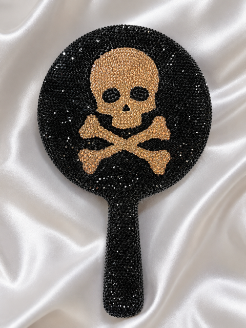 BLACK BLING GOLD SKULL 5X HANDHELD MIRROR