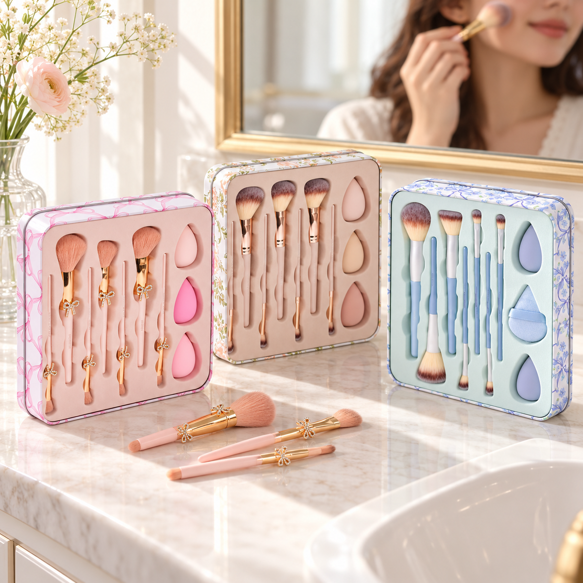 Lifestyle scene with the three 10-piece makeup brush tin styles on a vanity