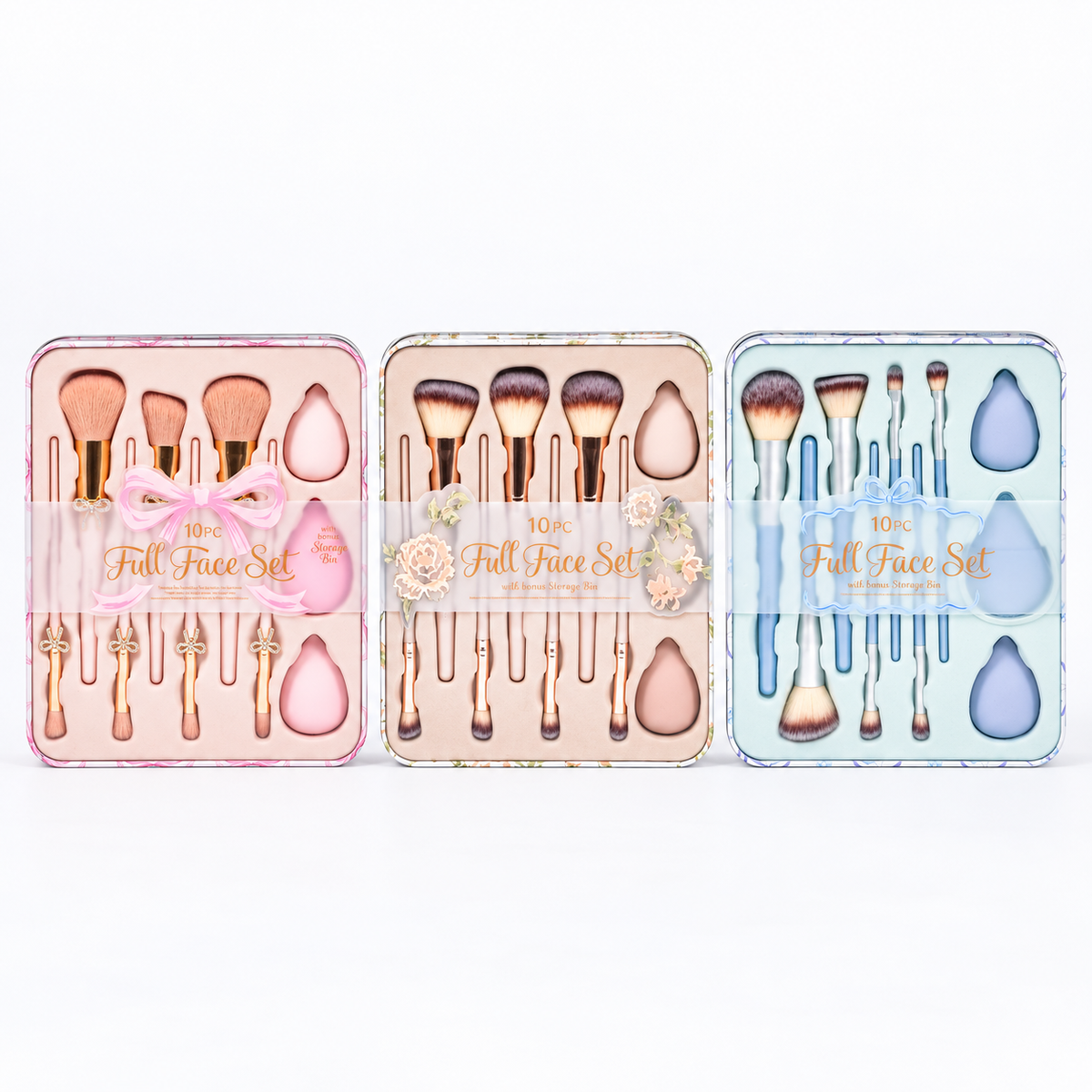 All three 10-piece makeup brush tin styles: Pink Bow, Vintage Watercolor, Powder Blue