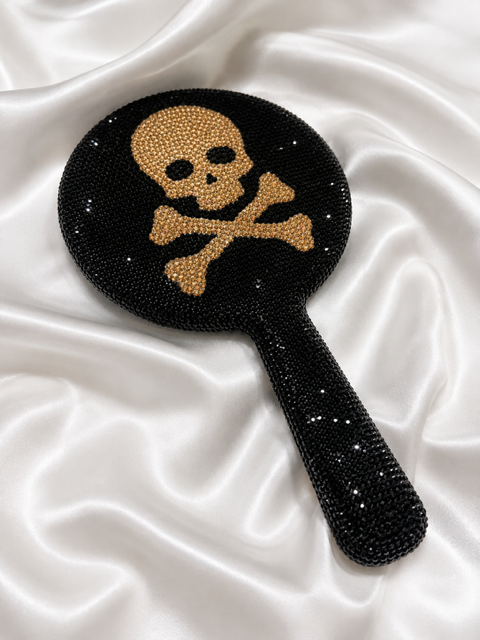BLACK BLING GOLD SKULL 5X HANDHELD MIRROR