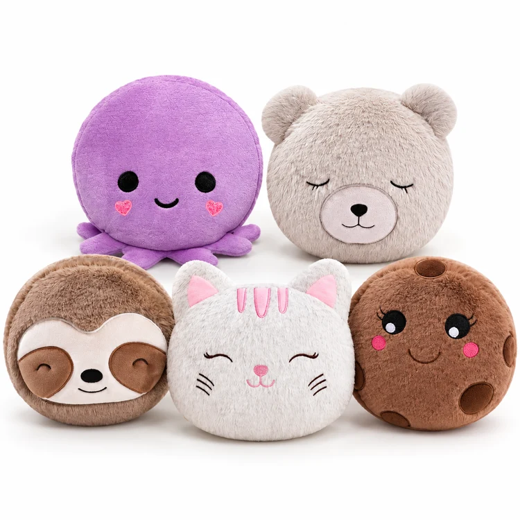All five 2-in-1 eye mask travel pillows together: Octopus, Bear, Sloth, Cat, and Cookie
