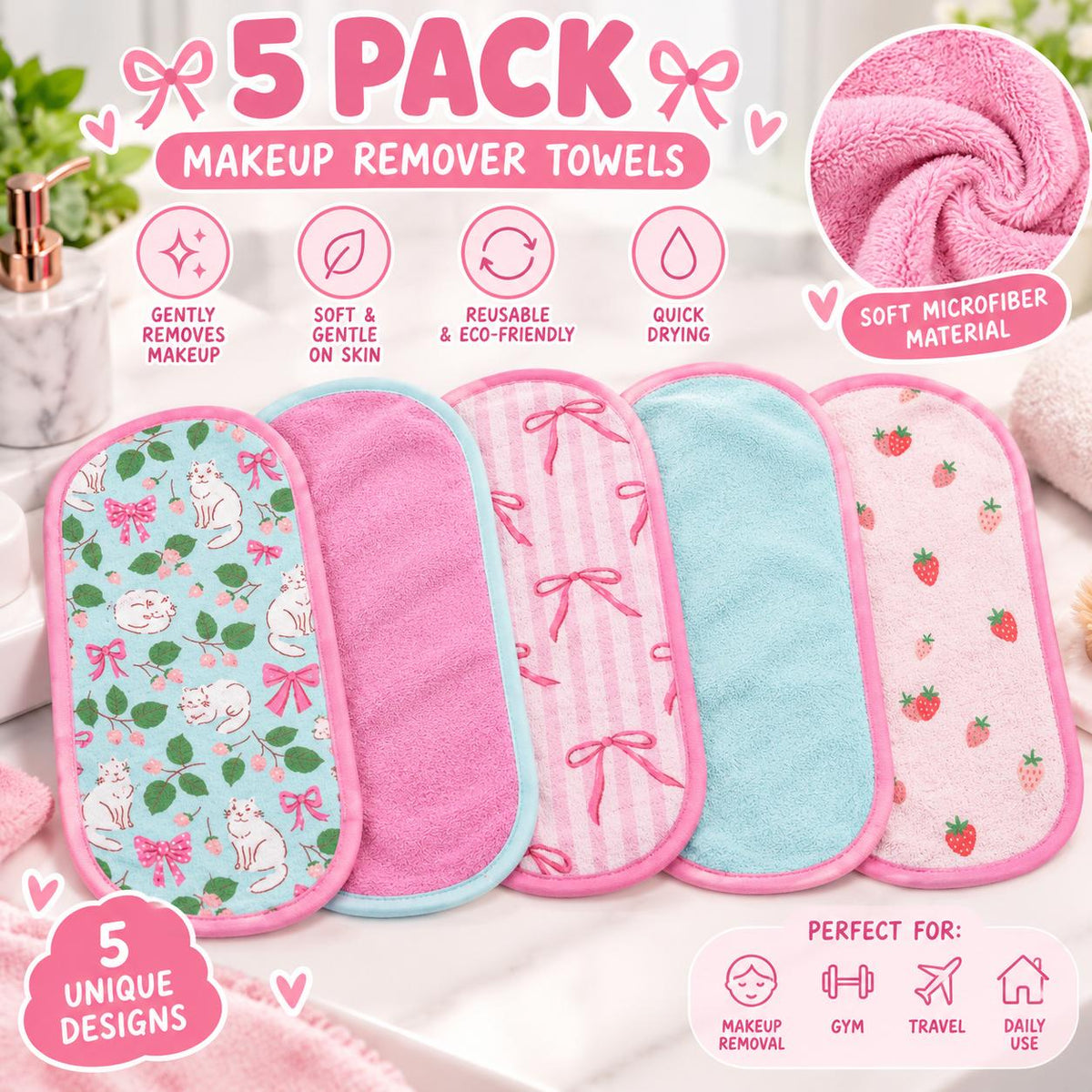 5-Pack Makeup Remover Towels with Reusable Bag