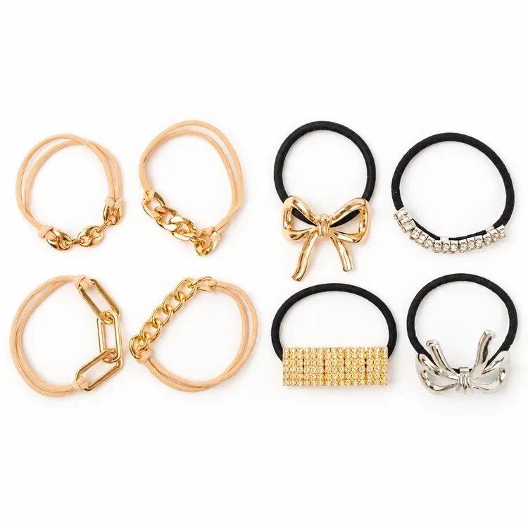 Two 4pk Bracelet Hair Ties styles: gold chain accents and silver and gold bows