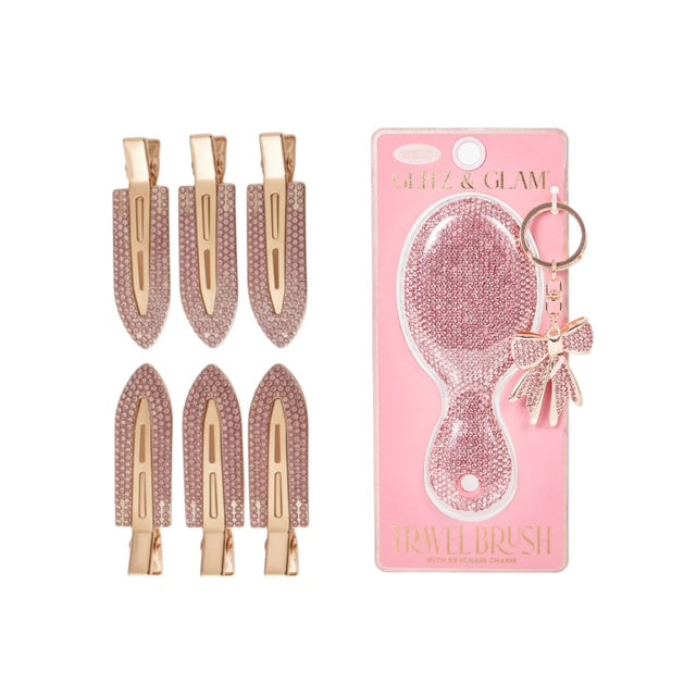Pink Glitz & Glam Dent-Free Hair Clips & Travel Brush | Bundle