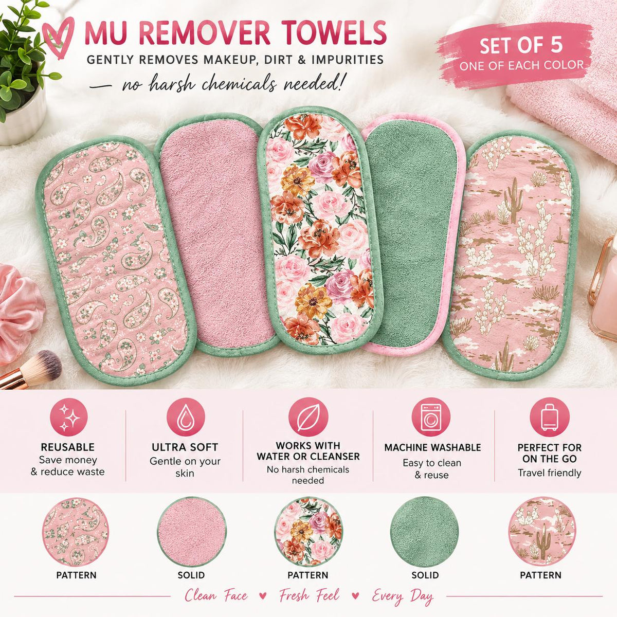 5-Pack Makeup Remover Towels with Reusable Bag