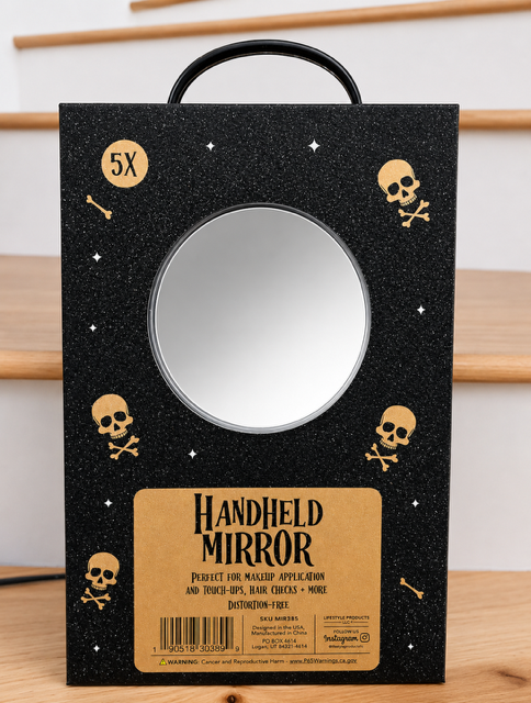 BLACK BLING GOLD SKULL 5X HANDHELD MIRROR