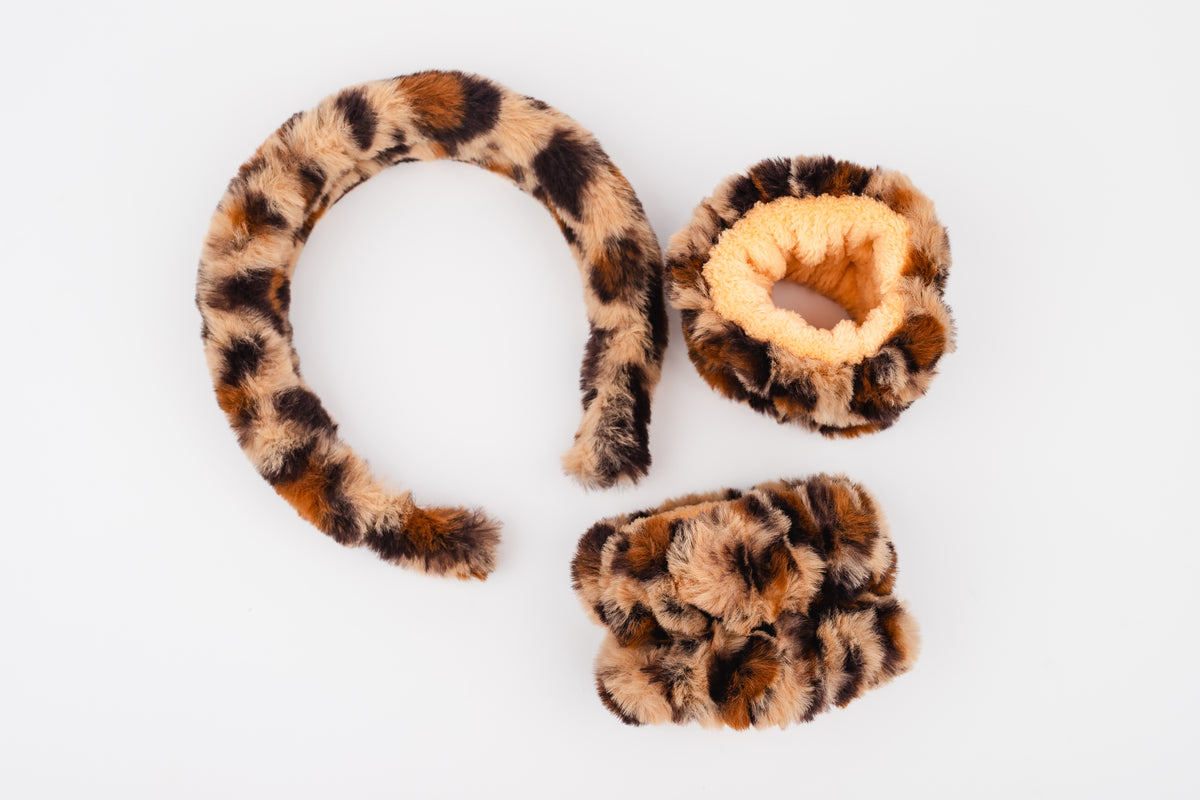 Fluffy Leopard 3pc cleanse set unboxed: headband and two wristbands