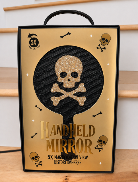BLACK BLING GOLD SKULL 5X HANDHELD MIRROR