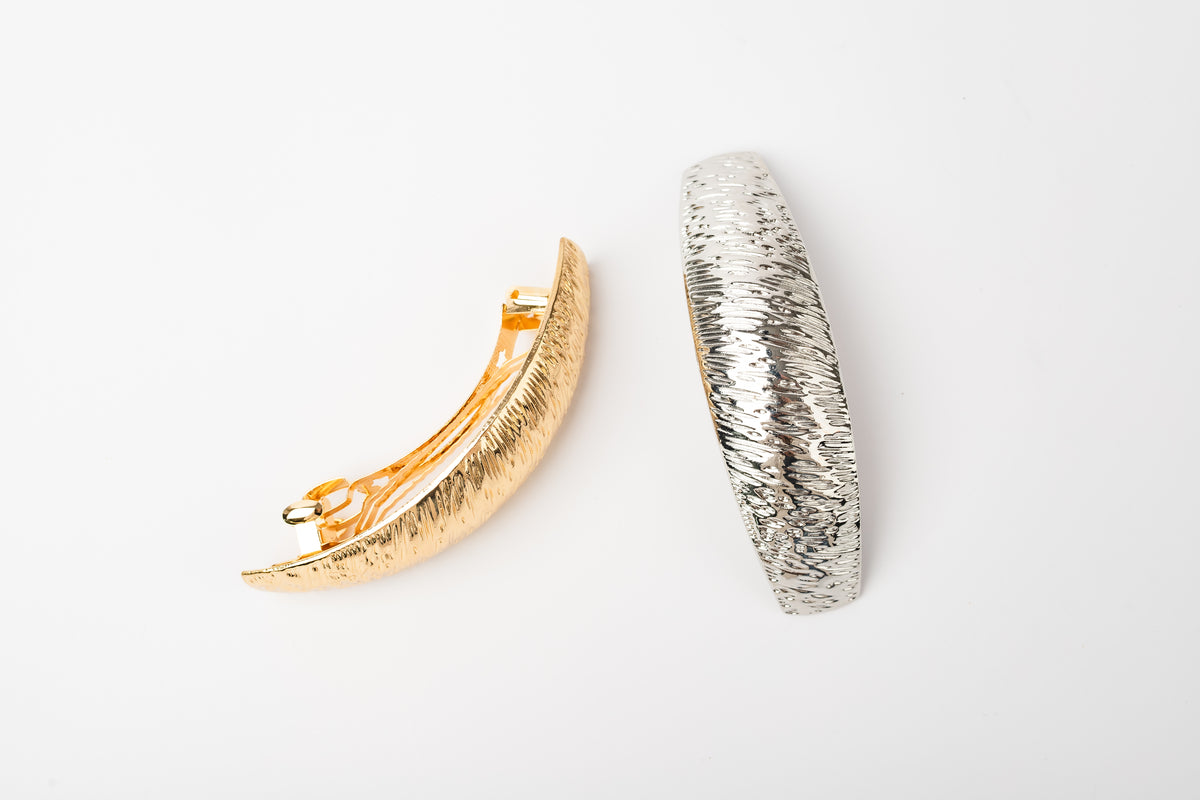 Gold and silver textured barrettes front and side details