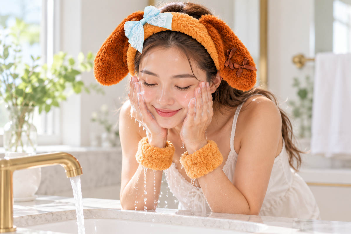 Blue Coquette Dog headband and wristbands shown in use at a sink