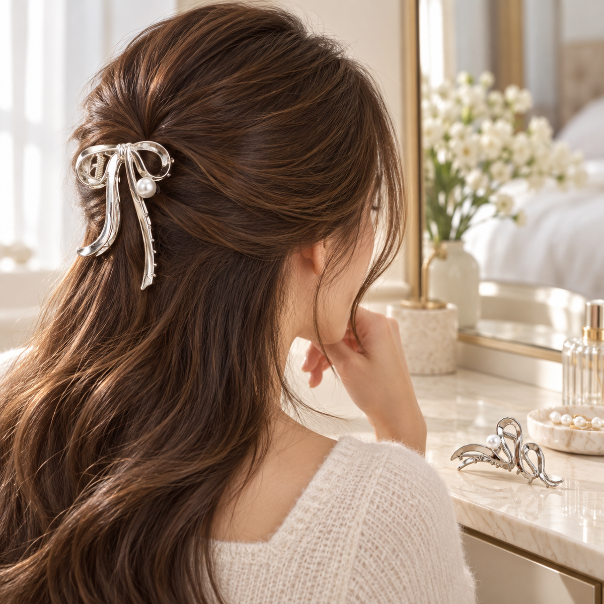 Lifestyle view of silver swish bow and pearl claw clips, one worn in a half-up hairstyle and one on a vanity