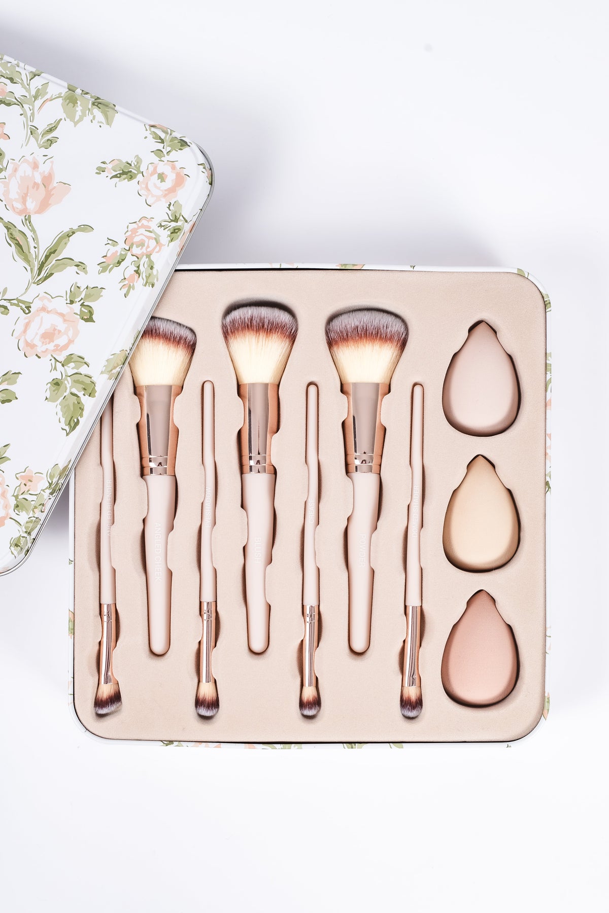 Vintage Watercolor 10-piece makeup brush tin contents, SKU COQ5155