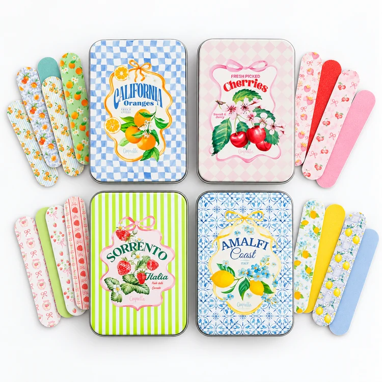All four nail file tin sets with their matching mini nail files: California Oranges, Cherries, Sorrento, and Amalfi Coast