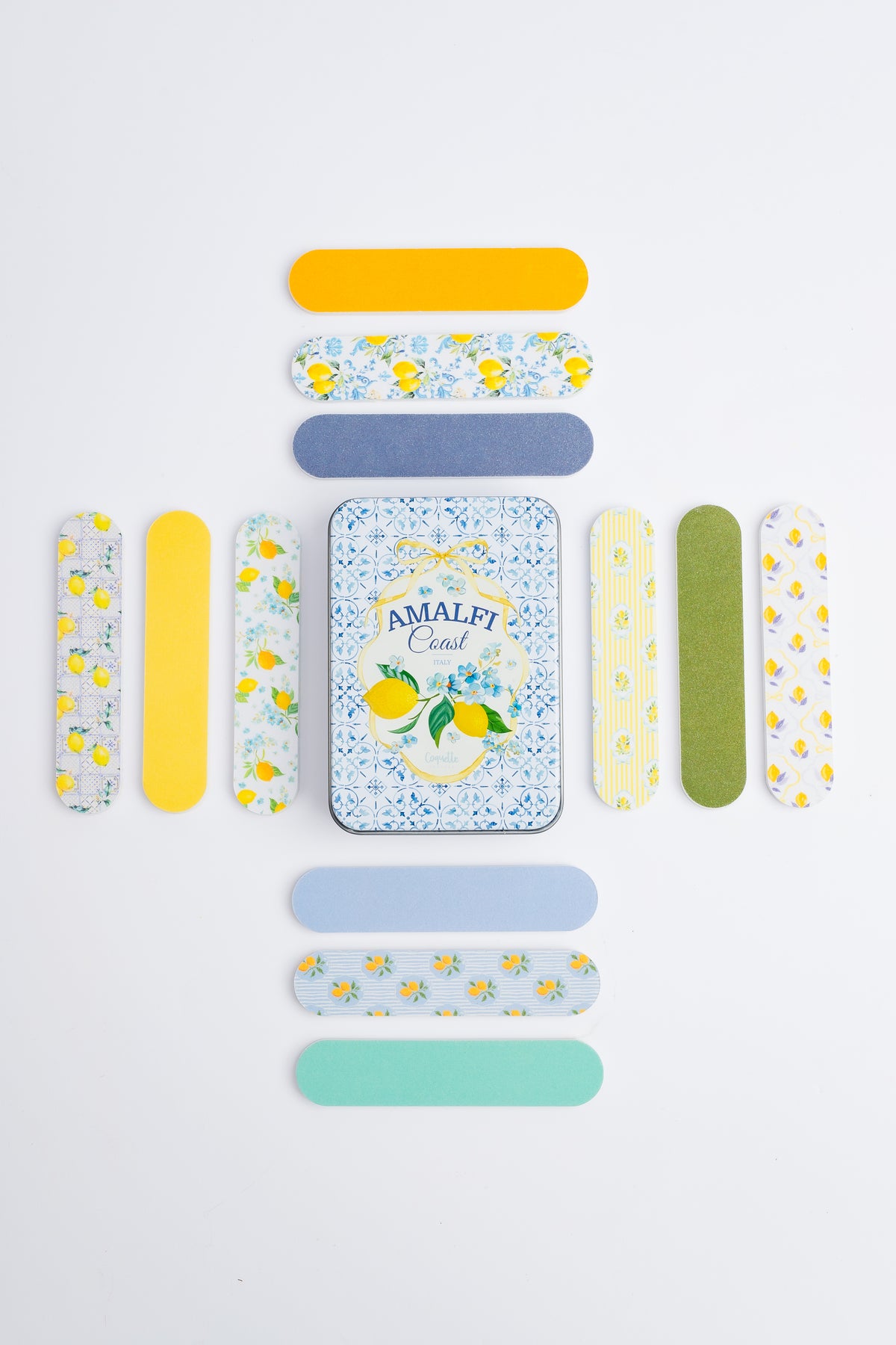 COQ5302 Amalfi Coast tin surrounded by all 12 mini nail file designs