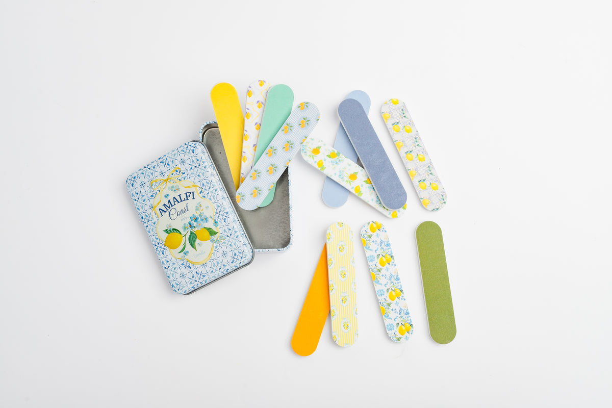 COQ5302 Amalfi Coast mini nail file tin open with all 12 patterned nail files