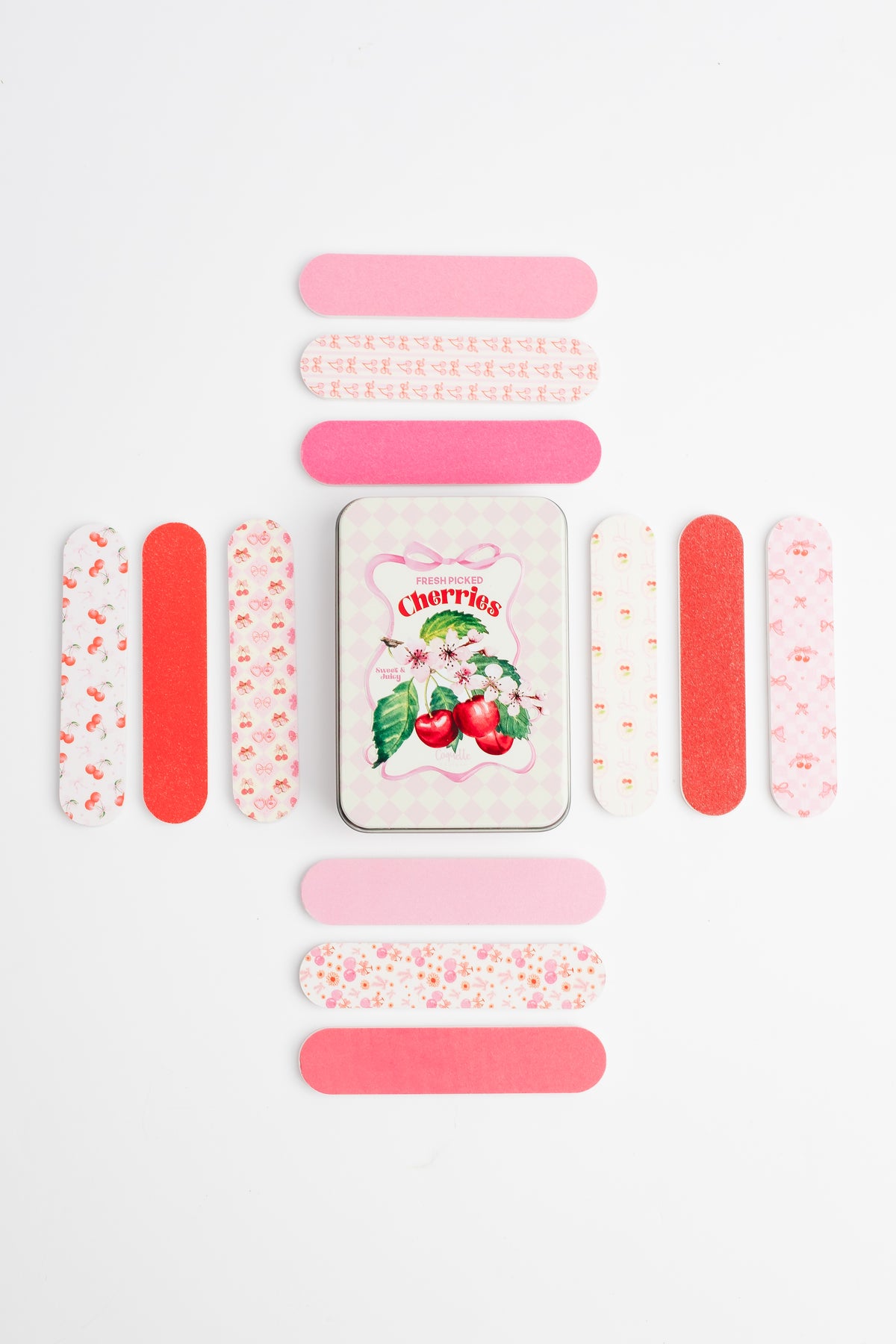 COQ5304 Cherries tin surrounded by all 12 mini nail file designs