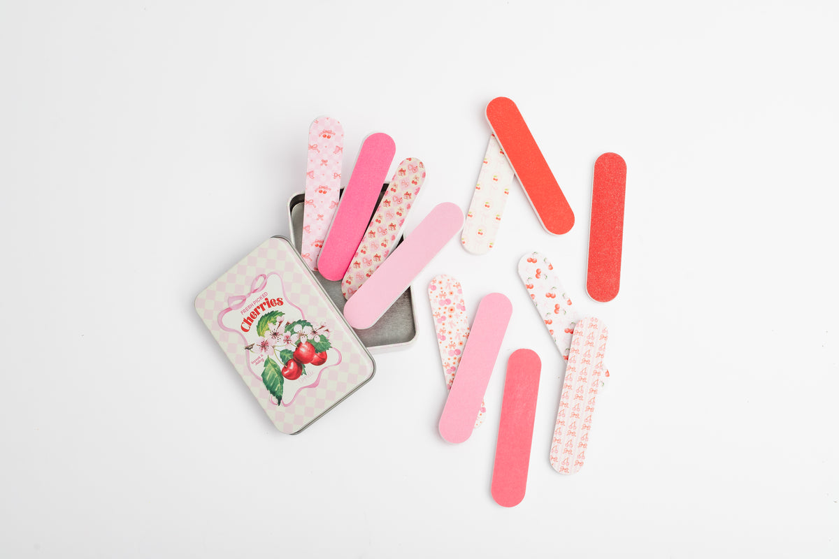 COQ5304 Cherries mini nail file tin open with all 12 patterned nail files