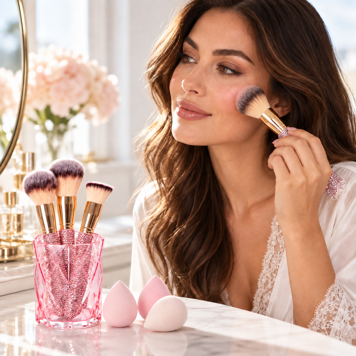 Pink Glitz & Glam 8-piece brush set in use at a vanity