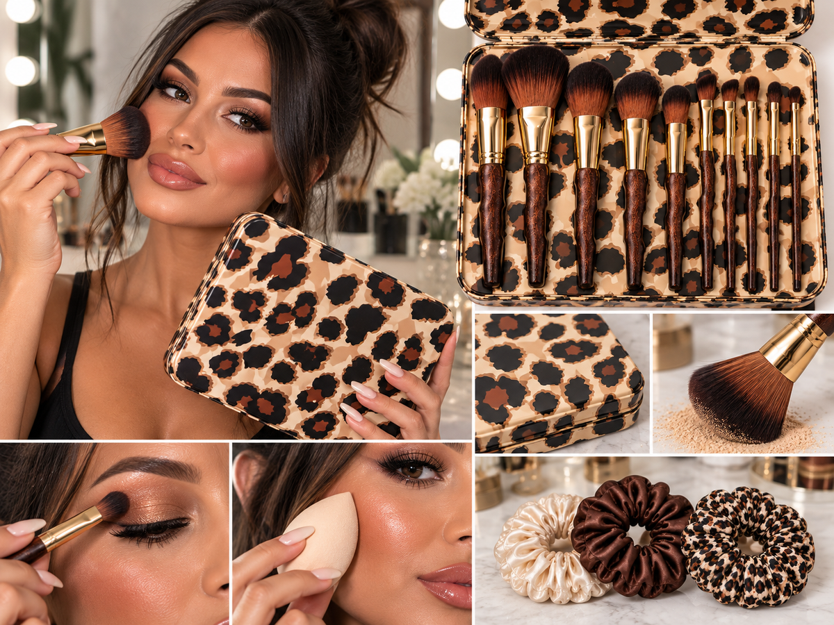14pc Leopard Wood Makeup Brush Sets