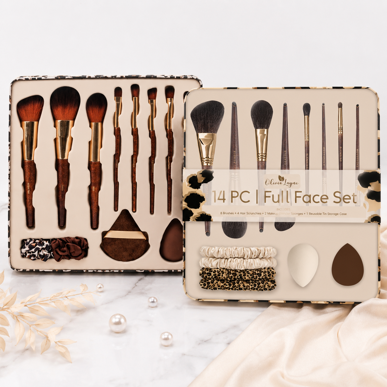 14pc Leopard Wood Makeup Brush Set