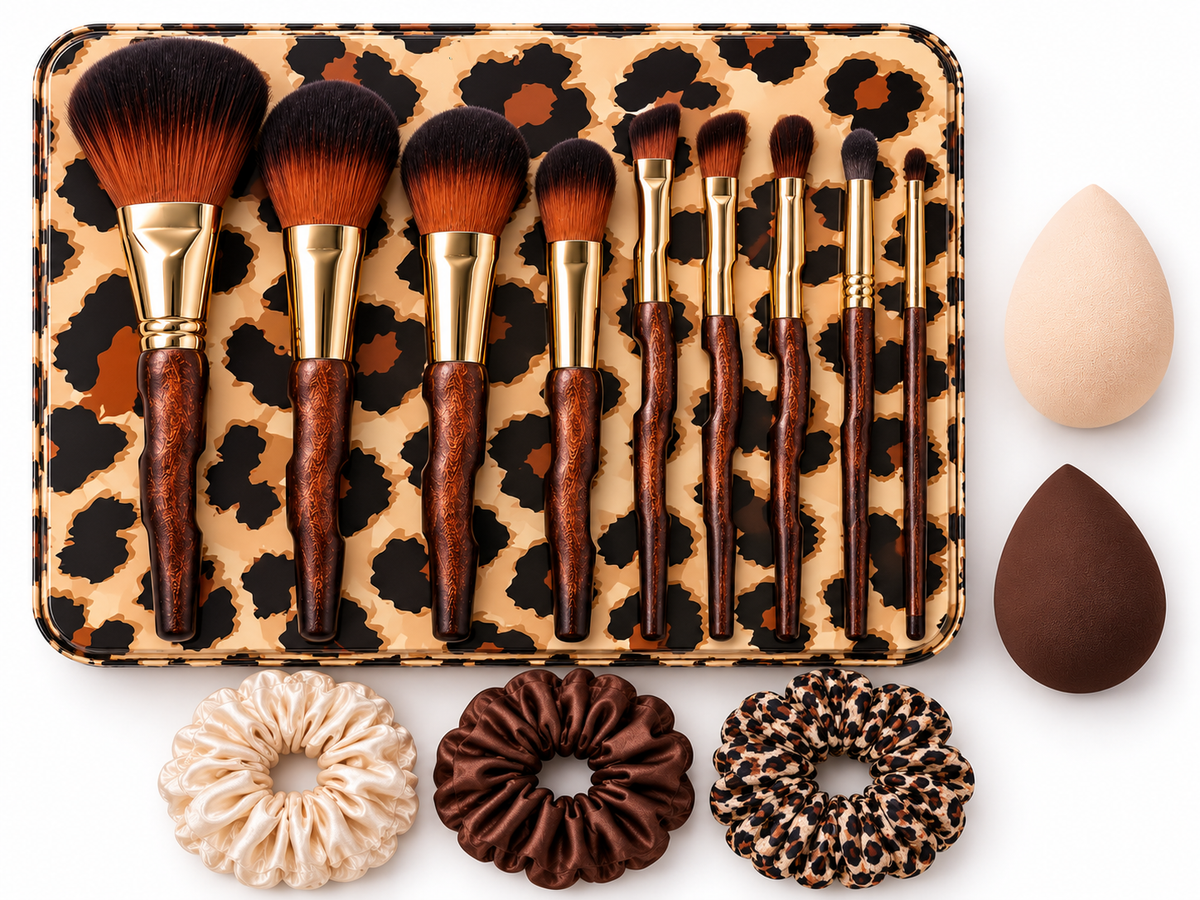 14pc Leopard Wood Makeup Brush Sets
