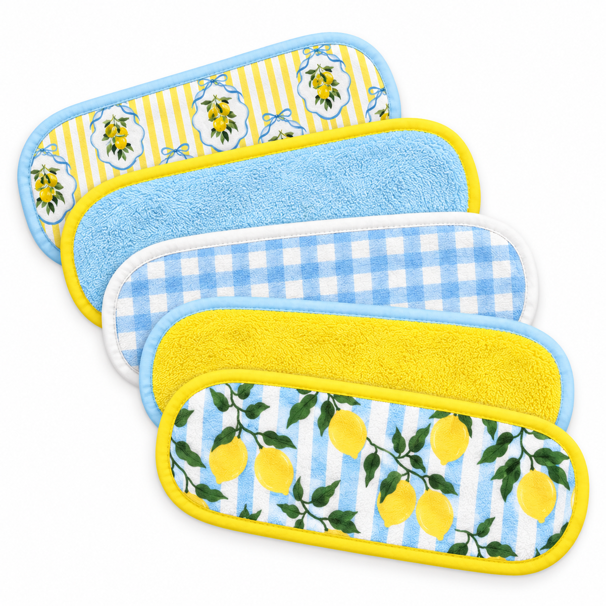 Stripes & Lemons five-pack makeup remover towels shown in a wide compact fan, SKU MU0078