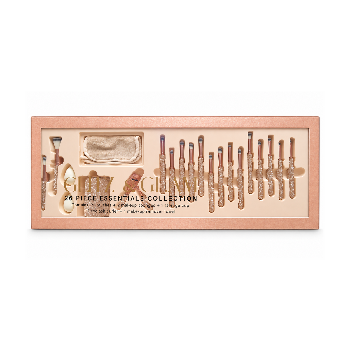 Complete champagne Glitz & Glam 26-piece brush set box, centered on white background