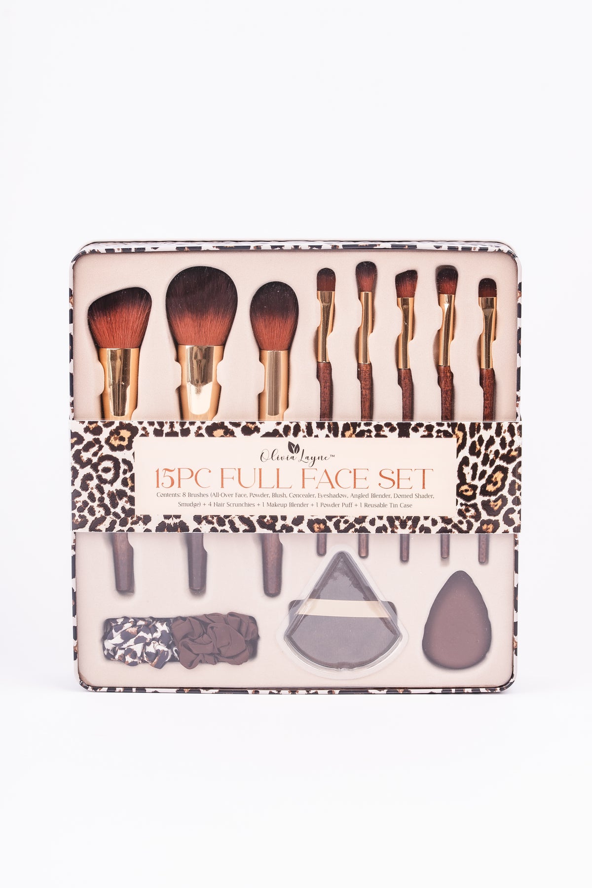 OL1225 leopard set in tin with one makeup blender and one powder puff