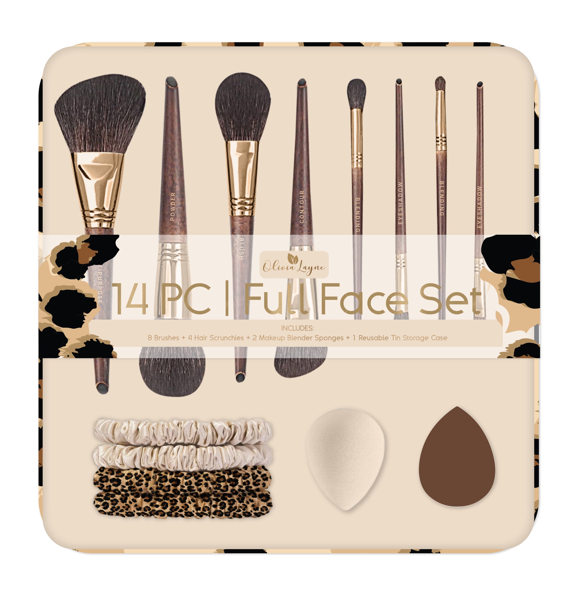 14pc Leopard Wood Makeup Brush Set