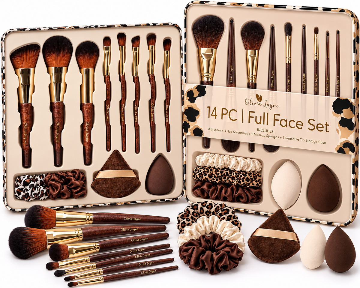 14pc Leopard Wood Makeup Brush Sets
