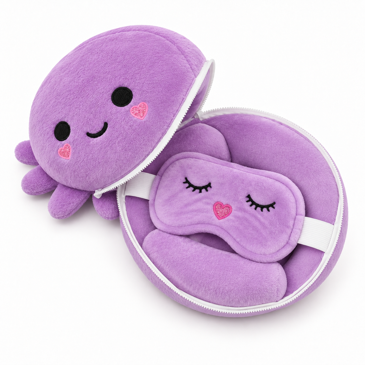 Octopus 2-in-1 travel pillow unzipped to show the purple neck pillow and matching eye mask