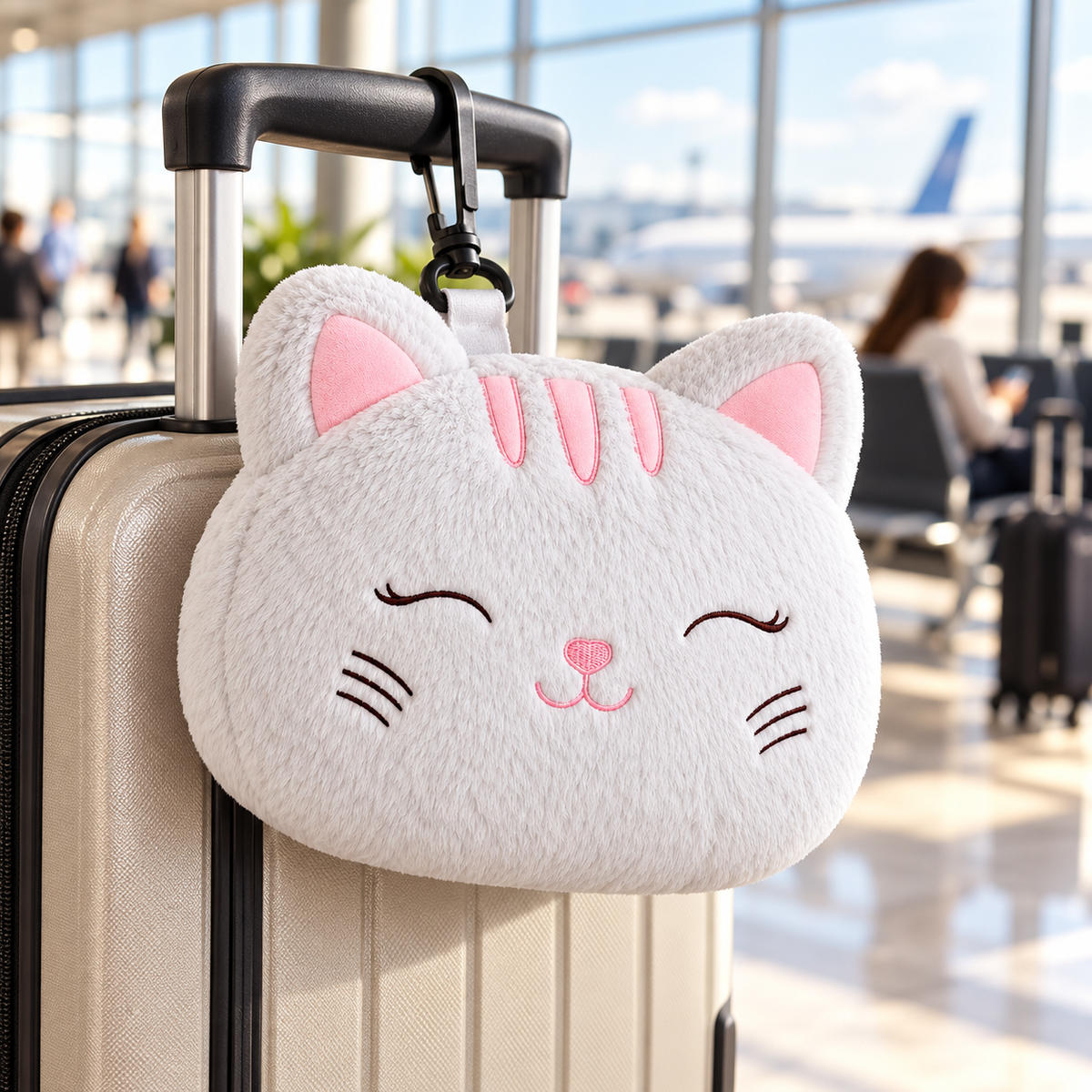 Cat Napping travel pillow attached to carry-on luggage in an airport lounge