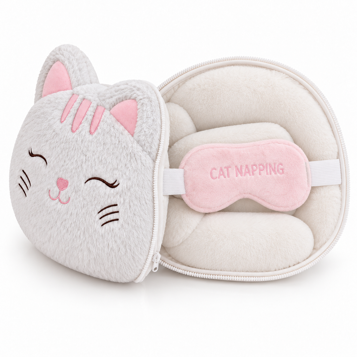 Cat Napping 2-in-1 travel pillow unzipped to show the neck pillow and matching eye mask