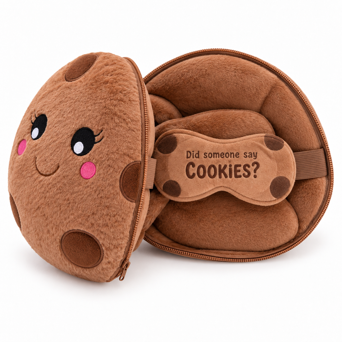 Cookie 2-in-1 travel pillow unzipped to show the brown neck pillow and matching eye mask