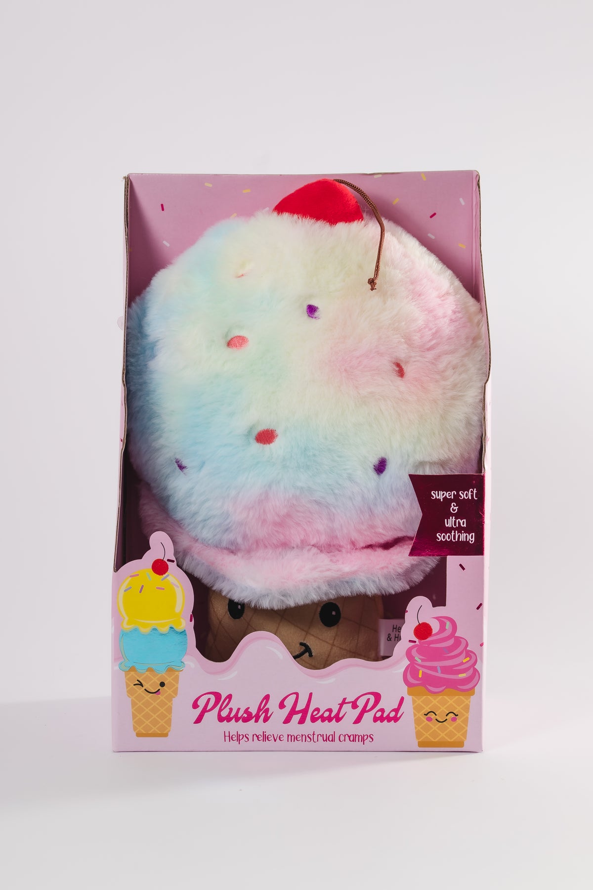 Ice cream cone plush heat pad in packaging