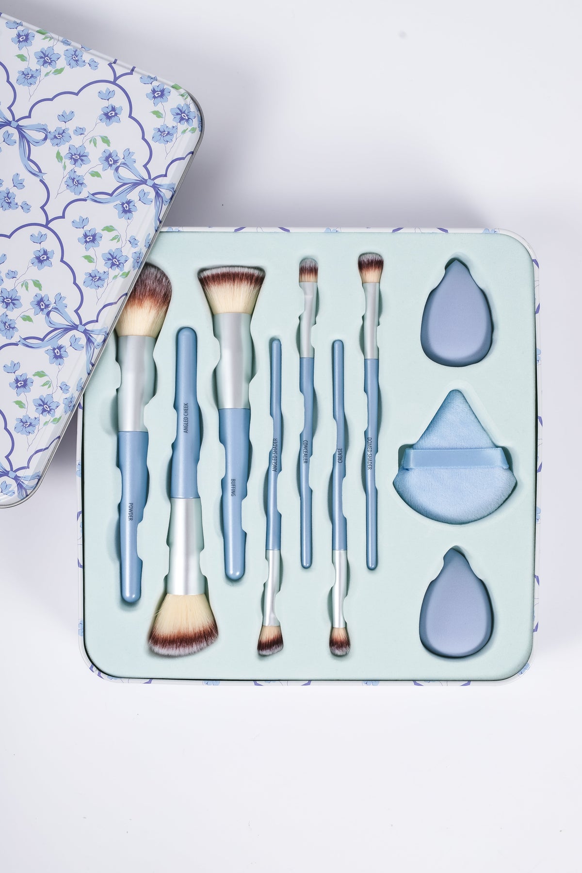 Powder Blue 10-piece makeup brush tin contents, SKU PR5157
