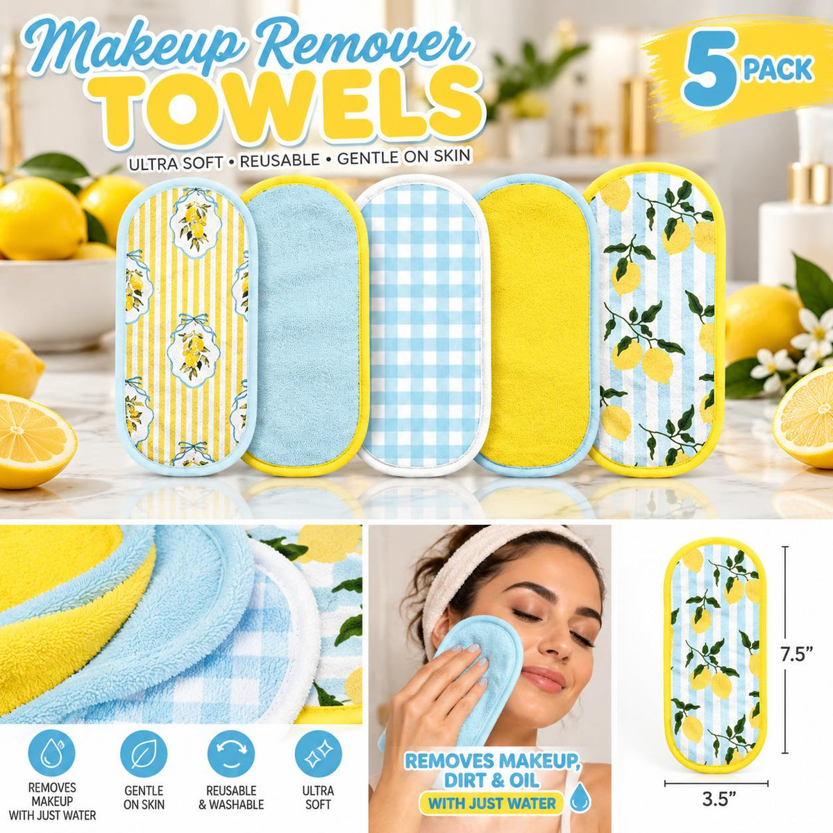 5-Pack Makeup Remover Towels with Reusable Bag