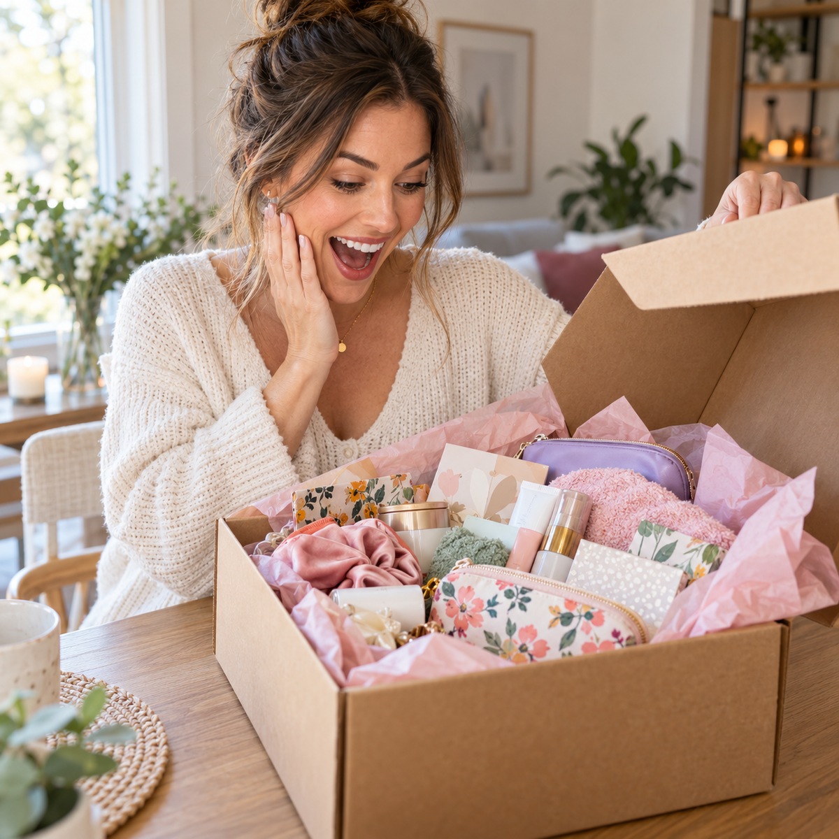 Woman excitedly opening an assorted beauty surprise box; contents shown are illustrative