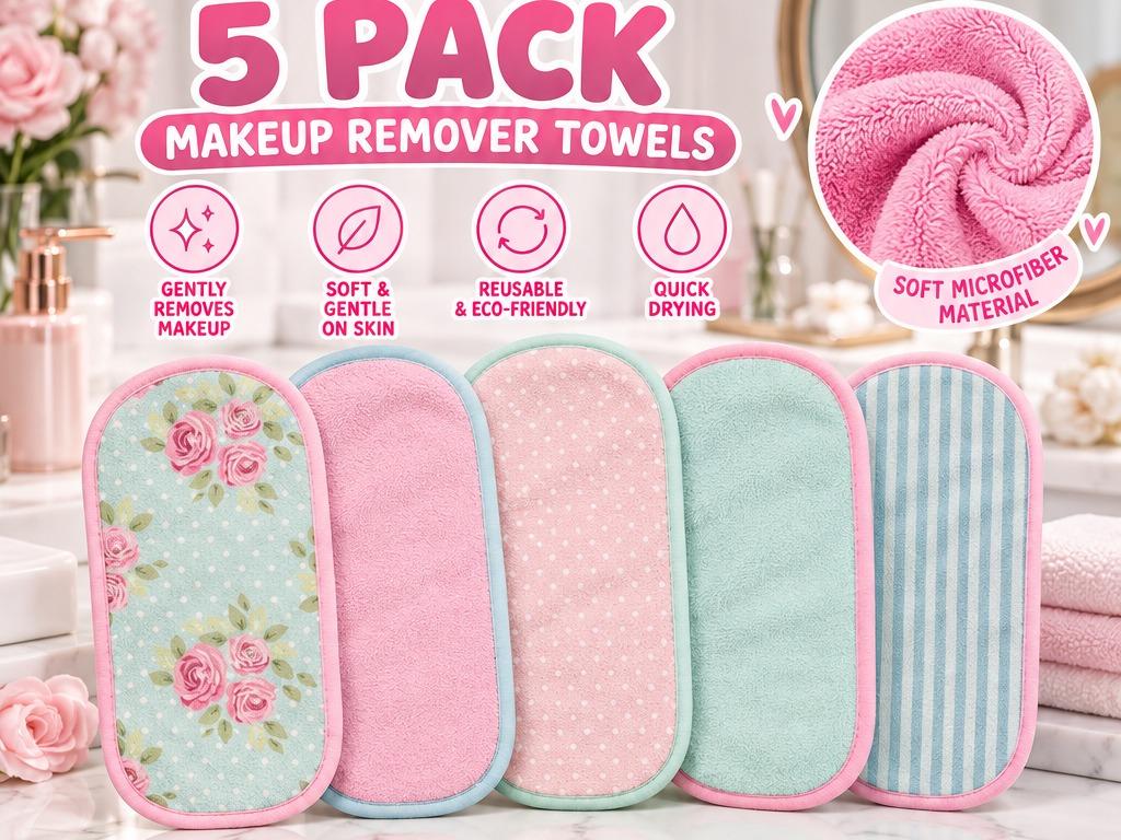 5-Pack Makeup Remover Towels with Reusable Bag