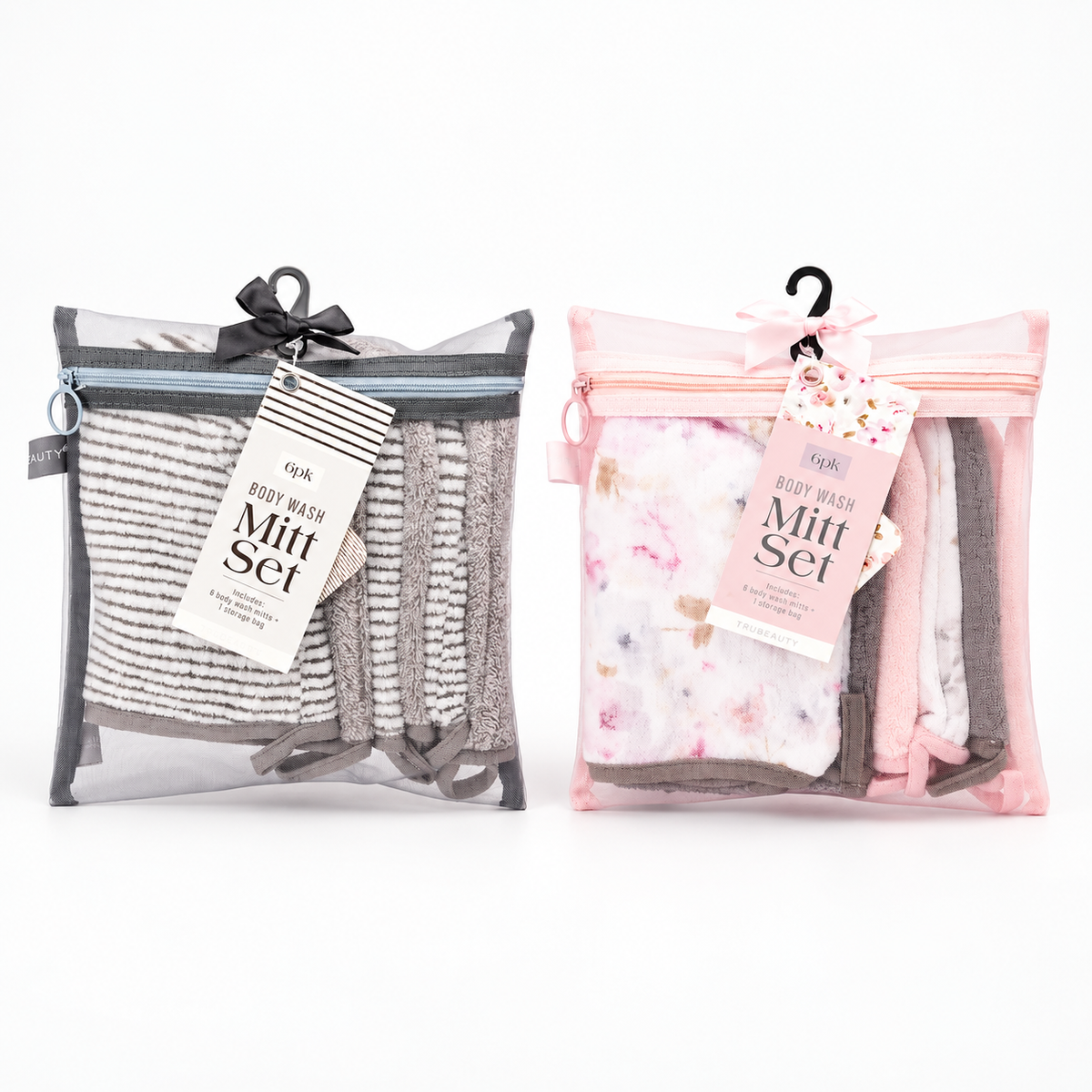 Grey and Pink Body Wash Mitt Sets together
