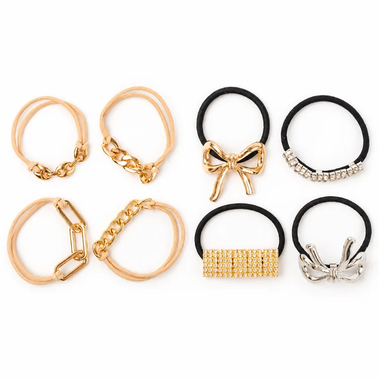 Both 4-piece bracelet hair tie styles together: beige gold chain set and black bow and rhinestone set