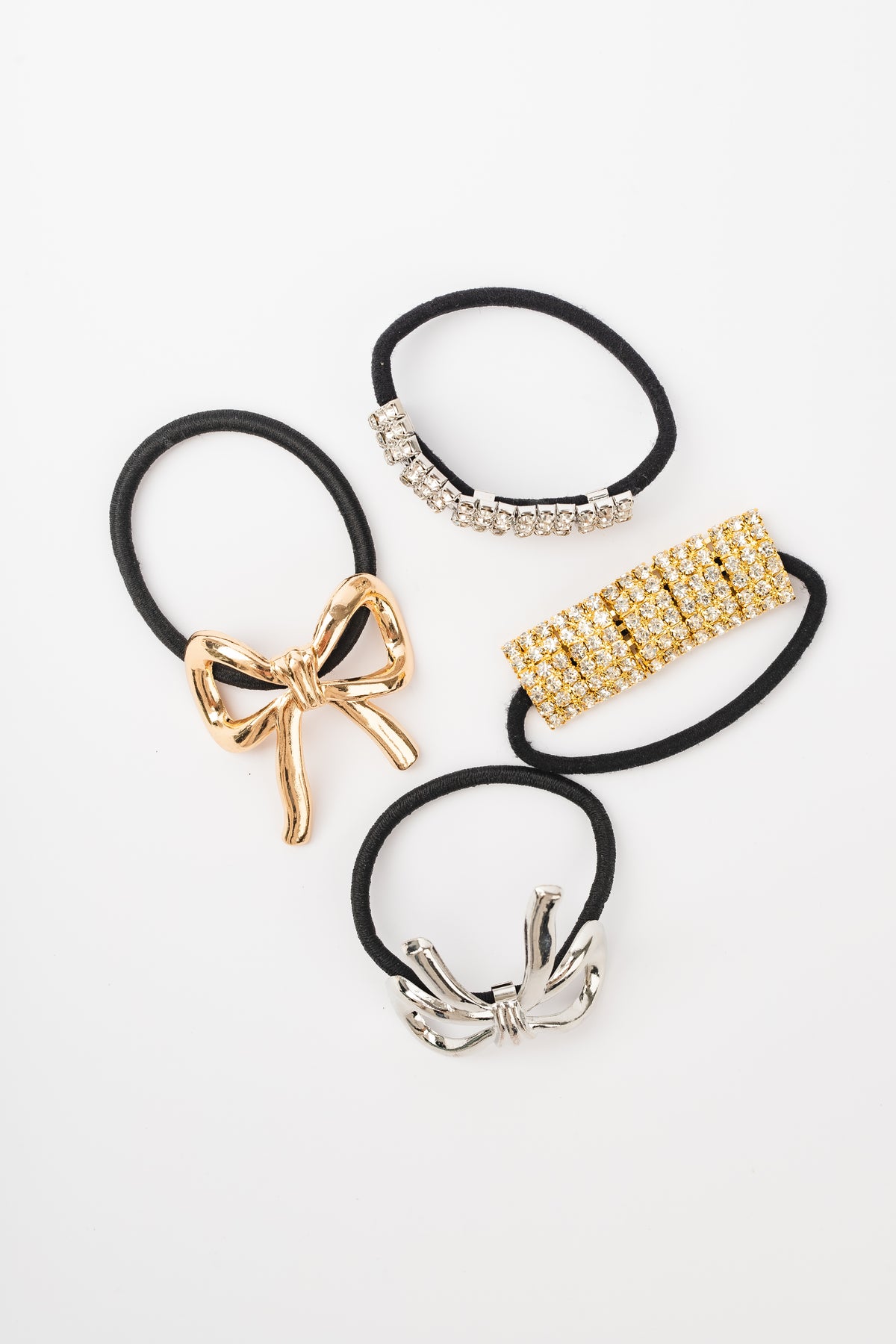 TIE9333 silver and gold bow, all four bracelet hair ties