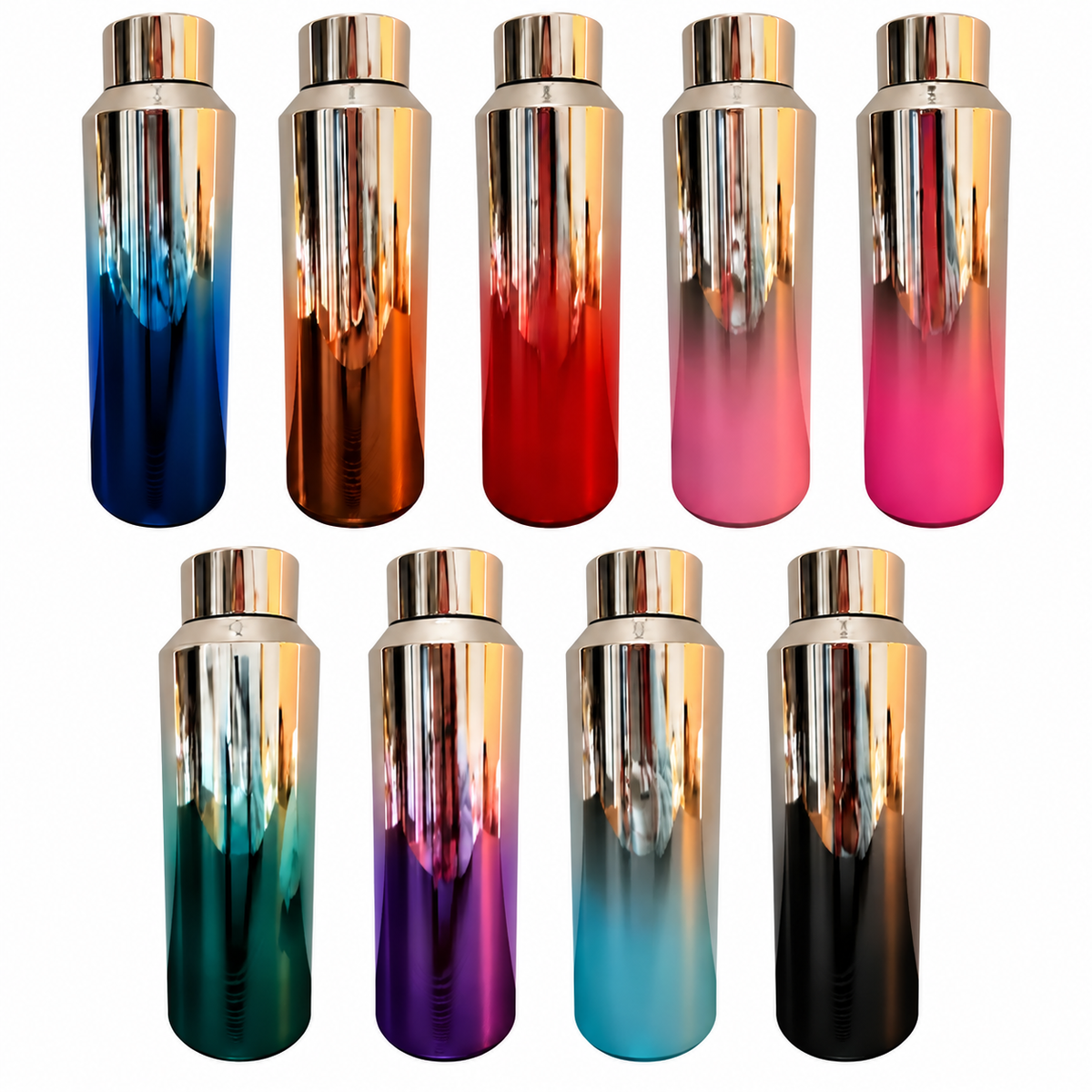 Nine Chrome Reusable Water Bottle colors with one green bottle