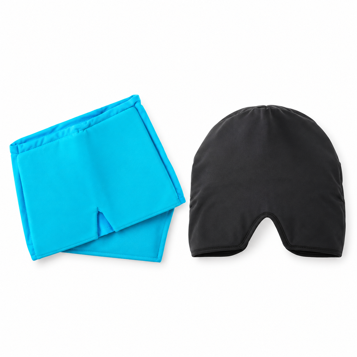 Blue and black Cold Therapy Headache Compression Caps together