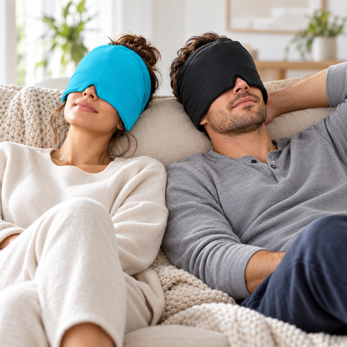 Illustrative lifestyle image showing blue and black headache compression caps in use