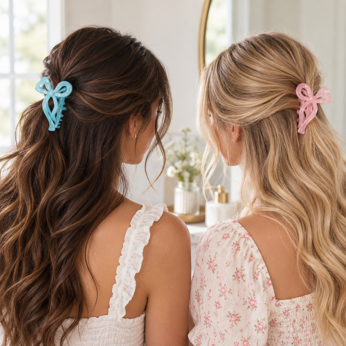 Lifestyle scene showing turquoise and pink Coquette Couture bow clips in hair