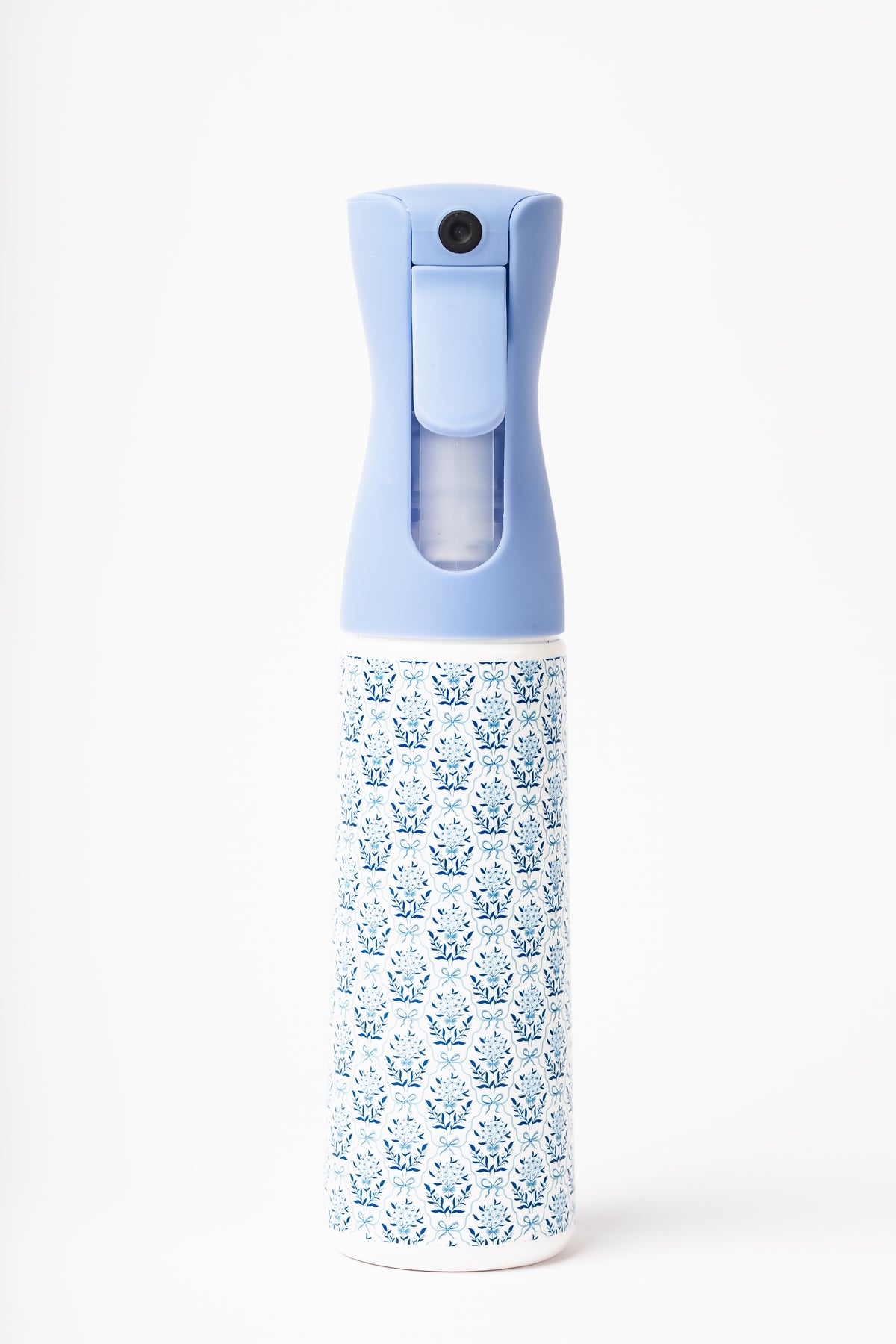 COQ5251 Blue Floral & Bow Damask continuous mist bottle, front view