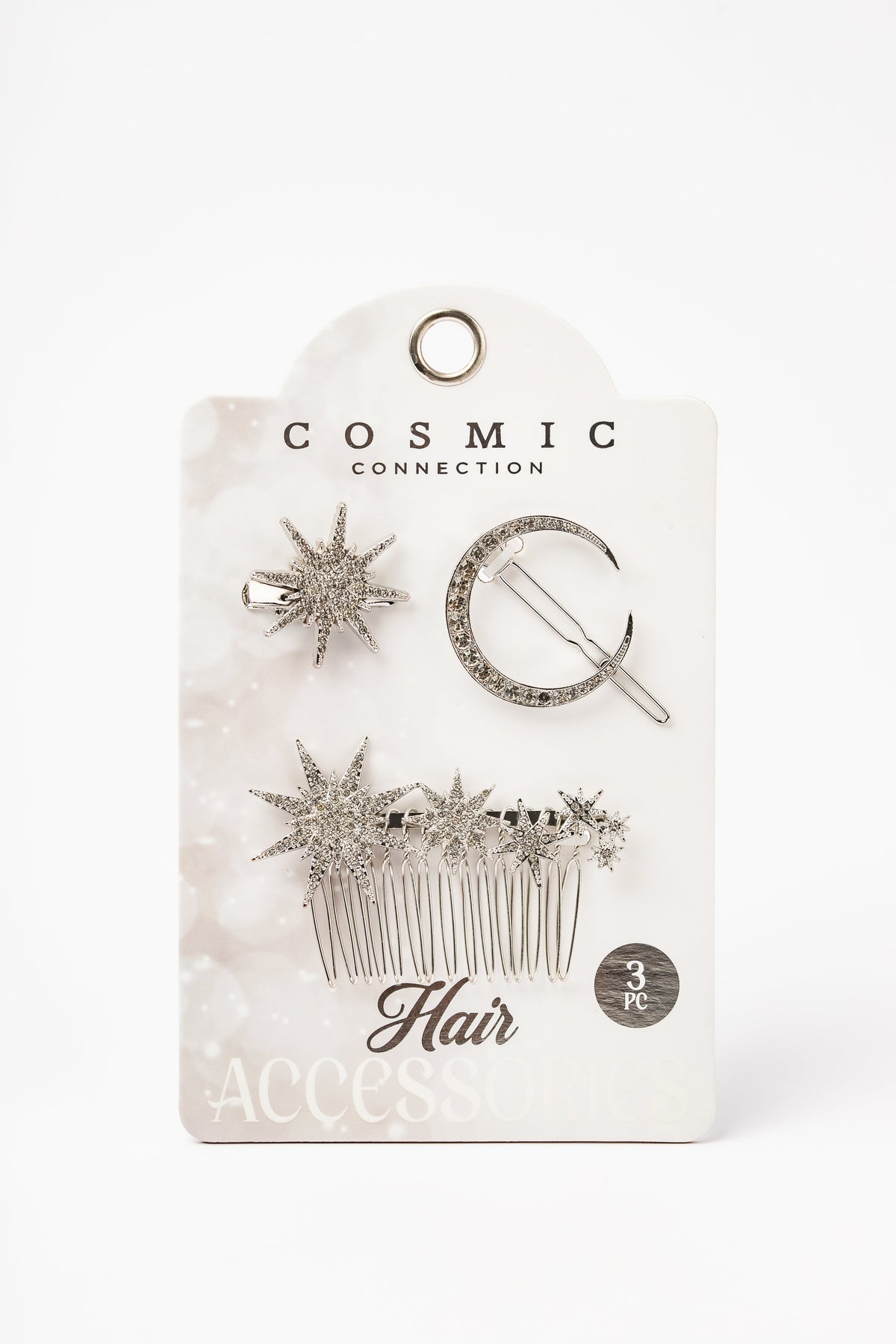 COS723 Silver Celestial hair accents, three-piece set in retail packaging