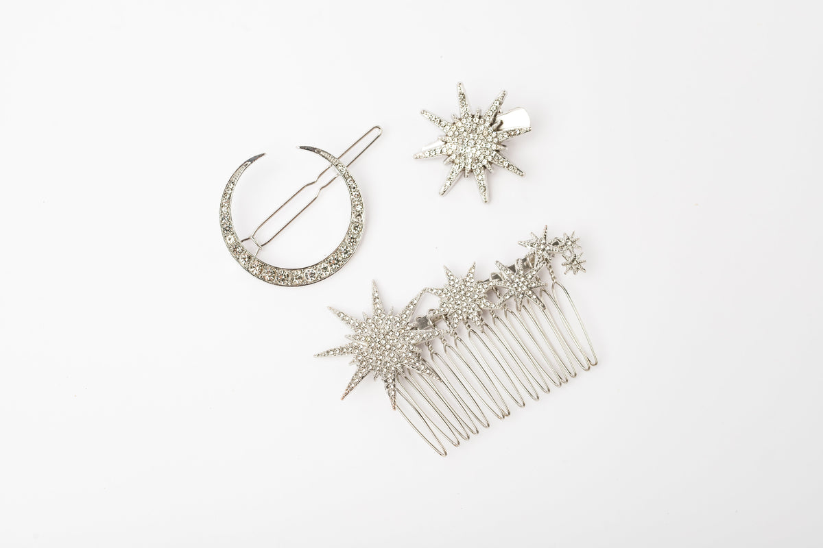 COS723 Silver Celestial hair accents, three-piece set without packaging